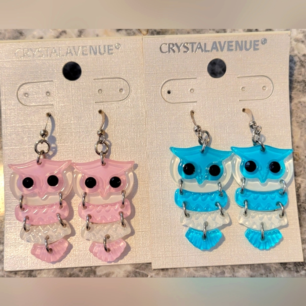 CRYSTAL AVENUE 2 PAIR OWL DANGLE EARRINGS